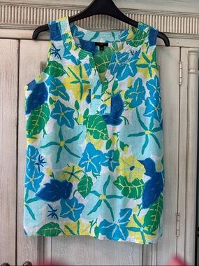 Talbots Petite Floral Linen Tank in Aqua, Blue & Green